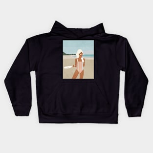 Girl on the beach, Woman, Mid century art Kids Hoodie